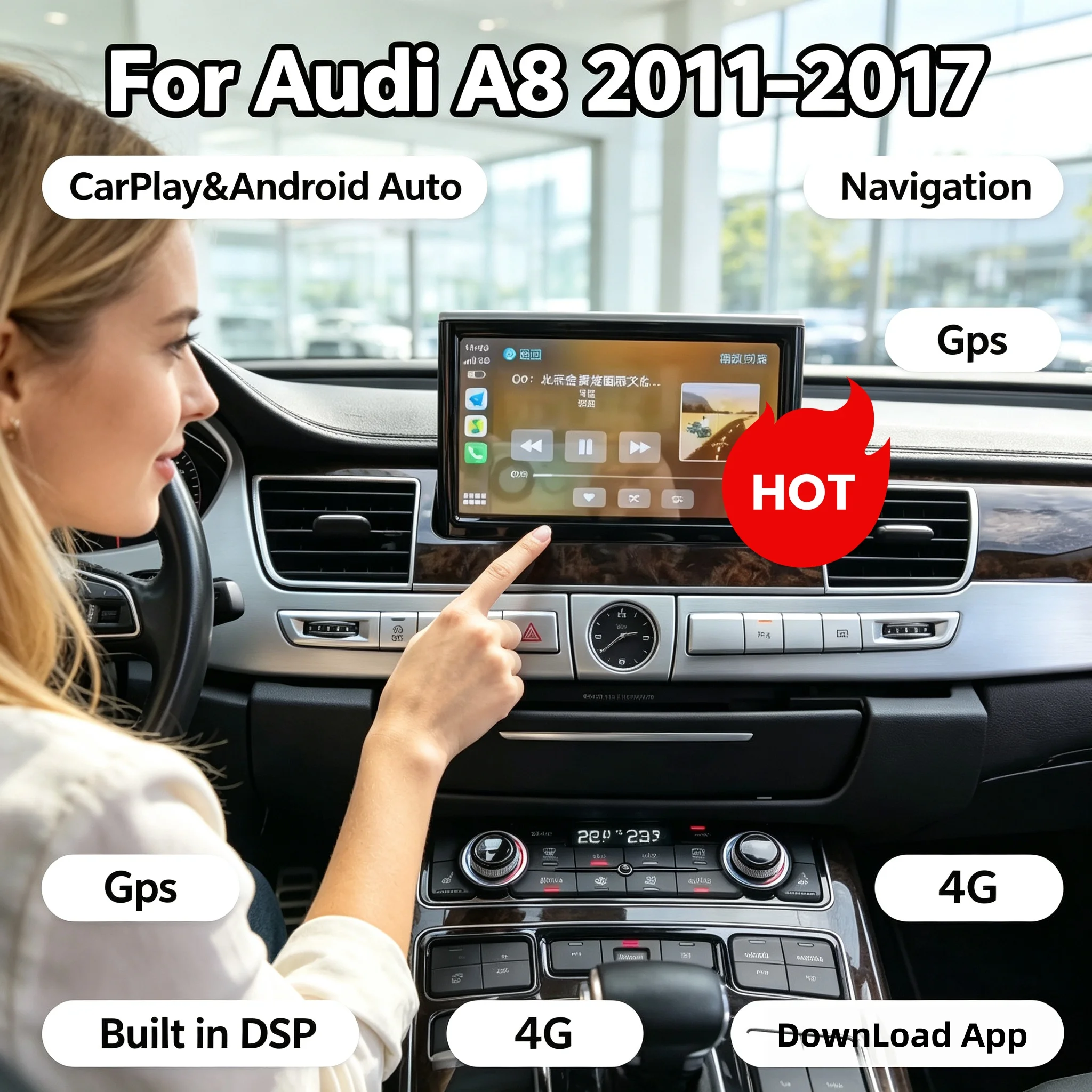 Multimedia Qualcomm Wireless CarPlay Stereo Receiver For Audi A8 2011-2017 Android GPS Navigation Automotive Extendable Screen