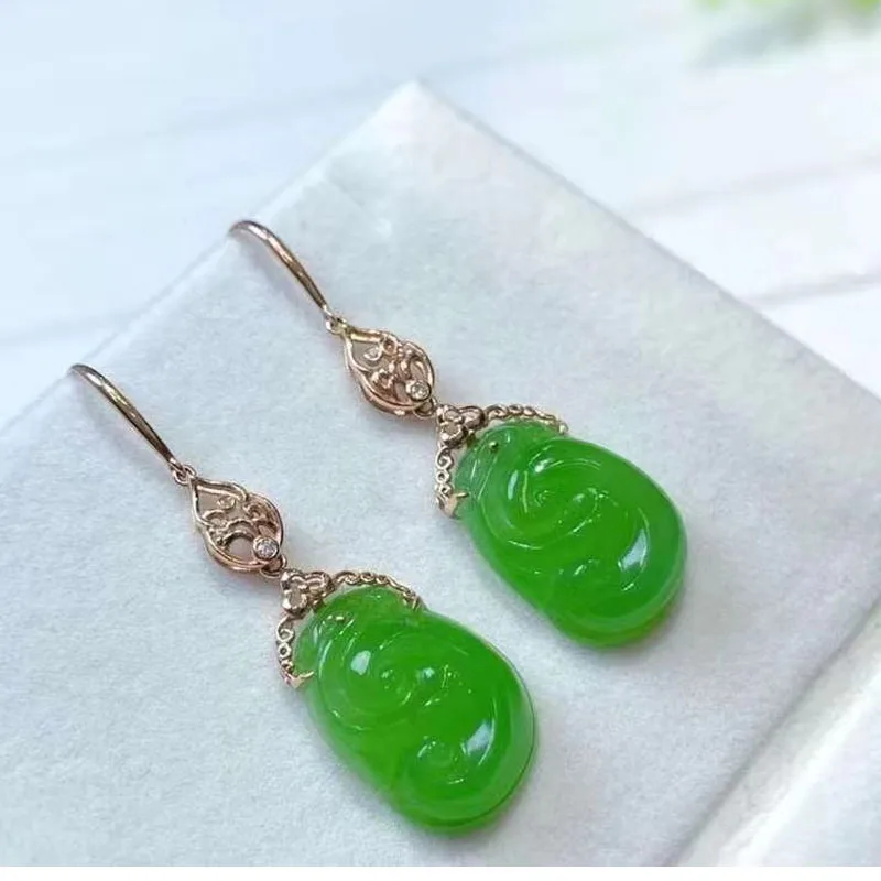 

Factory wholesale 18K gold inlay Xinjiang natural Hetian jasper apple green Ruyi stud earrings female custom