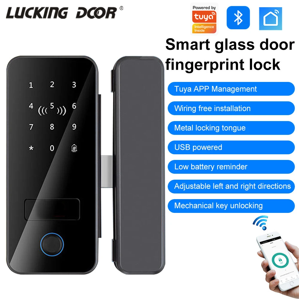 Support Tuya App Biometric Fingerprint Glass Door Lock Office Electronic Card Lock with Remote Control Wifi Gateway Key Function