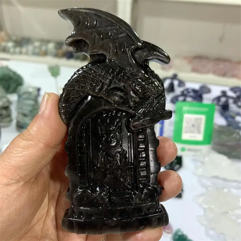 Natural Silver Obsidian Dragon Gate Of Hell Decoration Healing Crystal Reiki Figurine Quartz Gemstone Ornament Craft Gift