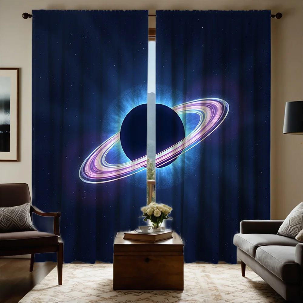 2pcs Space-Themed Black Curtains with Colorful for galaxy Print - 180-220g Polyester, Semi-Transparent, Rod Pocket Design for Li