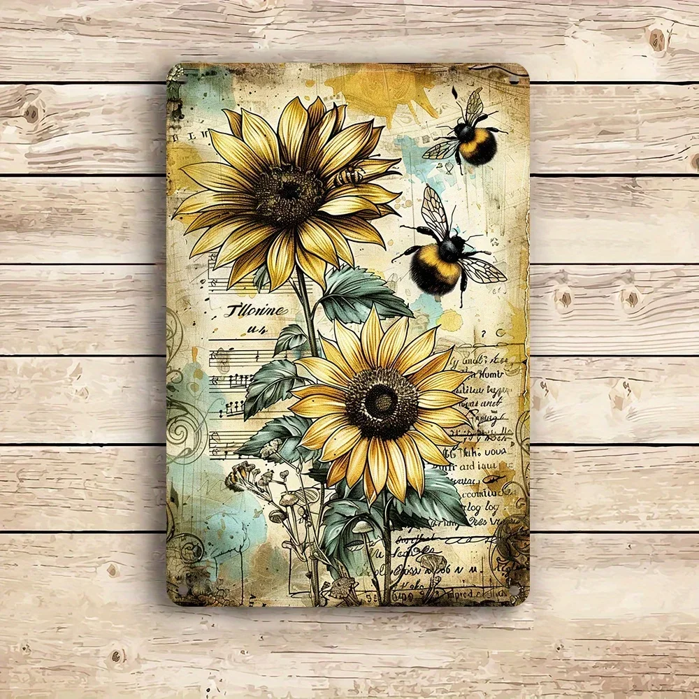 1PC Vintage Sunflowers and Bees Metal Wall Art Size 8x12 Inches Iron Construction Rustic Indoor Outdoor Decorative Signs