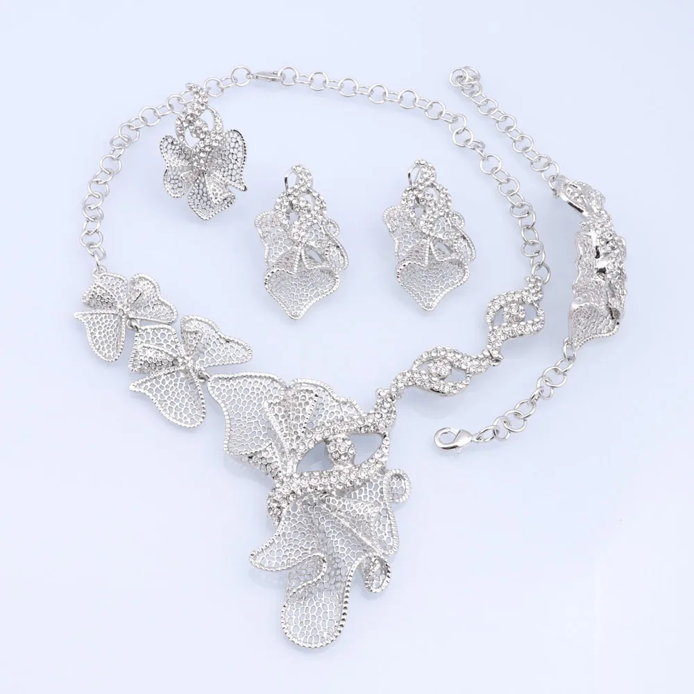 CYNTHIA Trendy Nigerian Dubai Silver Color Jewelry Set For Women Flower Shape Bridal Necklace Bracelet Earring Ring Wedding Sets