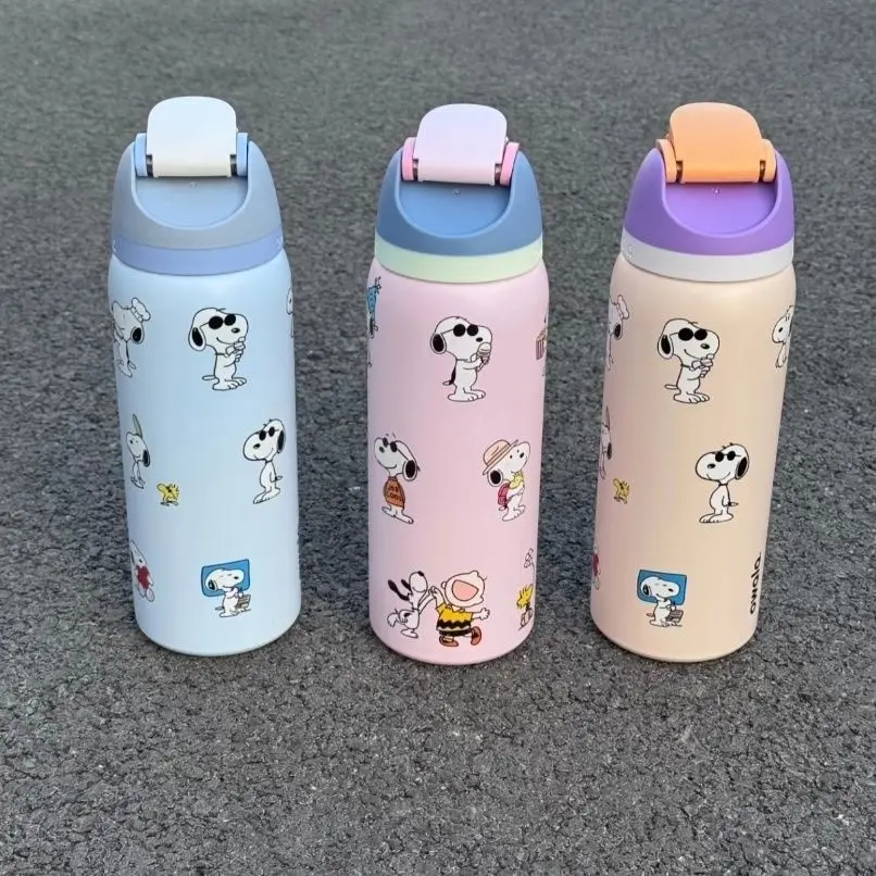 Peanuts Series Snoopy Water Bottle Pink Cartoon Puppy Printing Stainless Steel Insulated Flask Leakproof Lid for School Travel