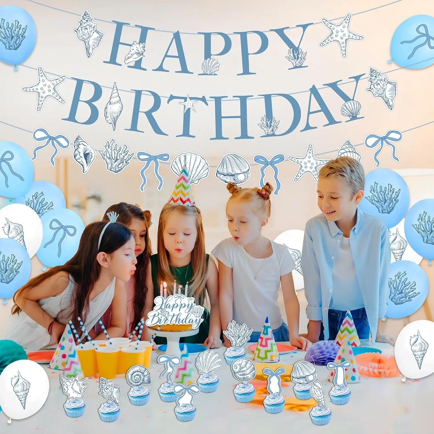 Elegant Ocean Mermaid Birthday Party Decorations Blue Bow Starfish Shell Coral Garland Banner Cake Topper Balloons Baby Shower view 5