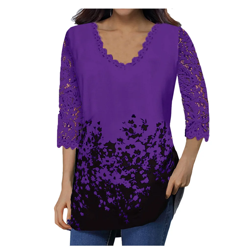 Women\'s Lace 3/4 Sleeve V Neck T Shirt Ladies Floral Blouse Tunic Tops Plus Size