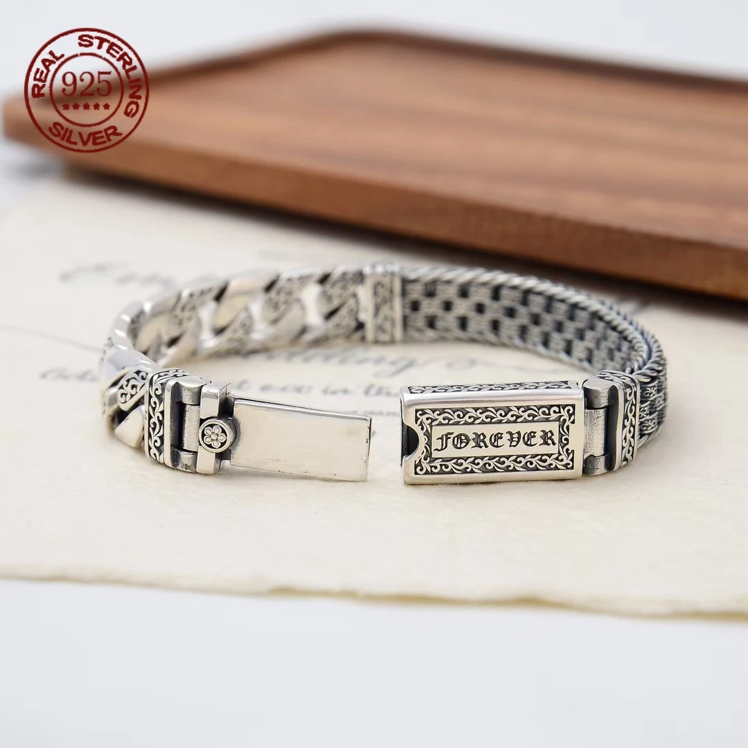 S925 Sterling Silver Tangcao Pattern Six-Character Mantra Bracelet Retro and Sophisticated Juxtaposition of Weaving Jewelry
