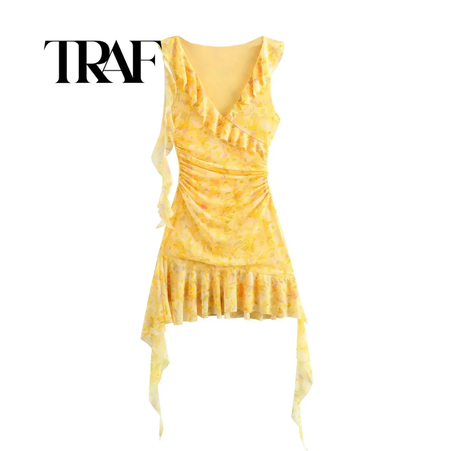 

TRAF Yellow Print Tulle Dress Woman Sleeveless Short Dresses for Women Draped Evening Dresses Women Summer 2024 Bodycon Dress