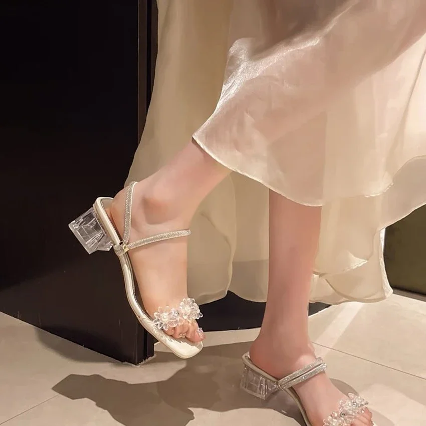 Fashion Brand Summer Women Square High Heels Slides Mules Sweet Female Open Toe Slippers Mujer Vaion Shoes Sexy New sandals