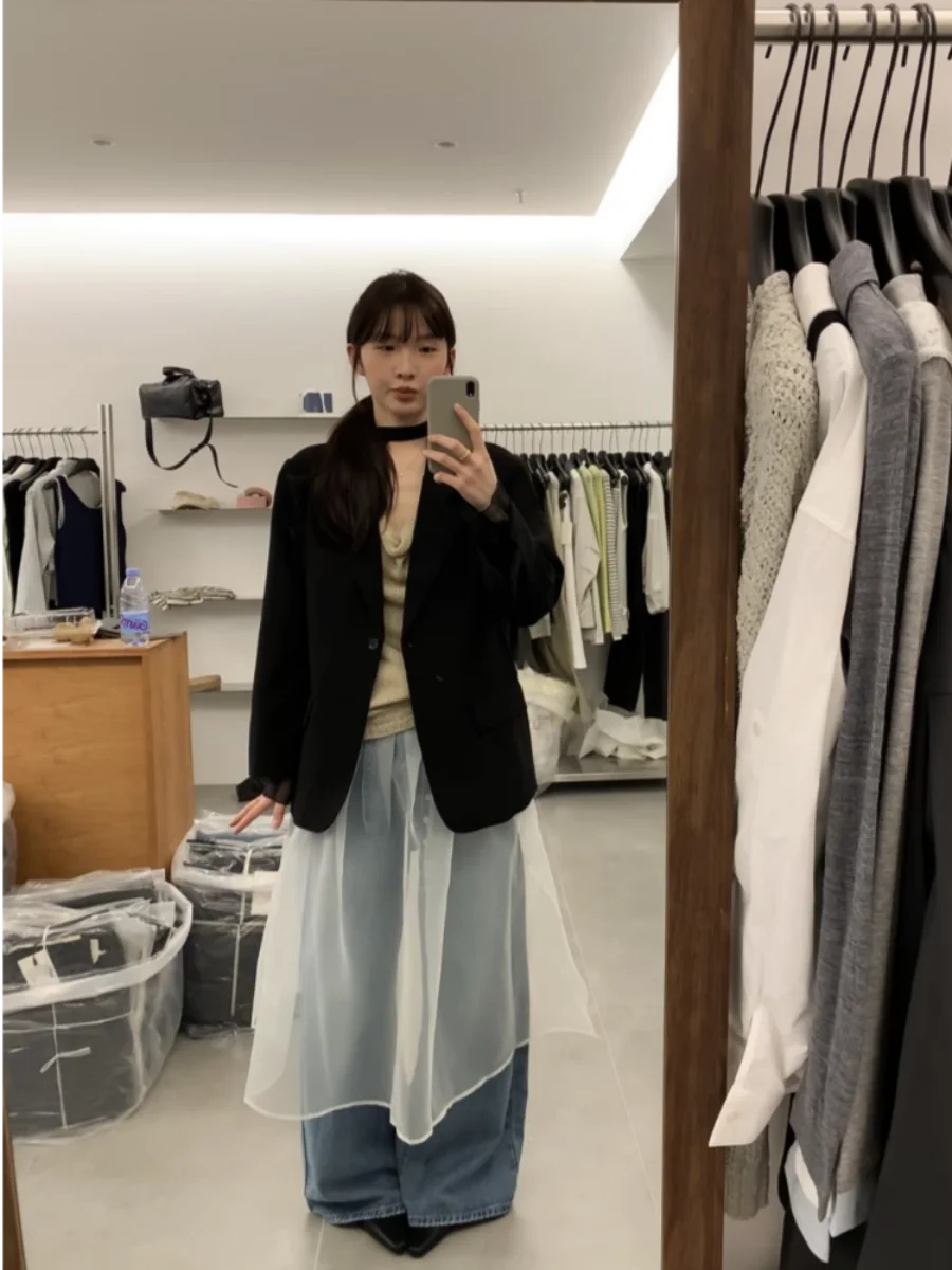 Elegant Organza Skirt Curtain Half-length Cool Sweet Pleated A-line Puffy Skirt Overlap Outerwear Ladylike Midi Summer 2026