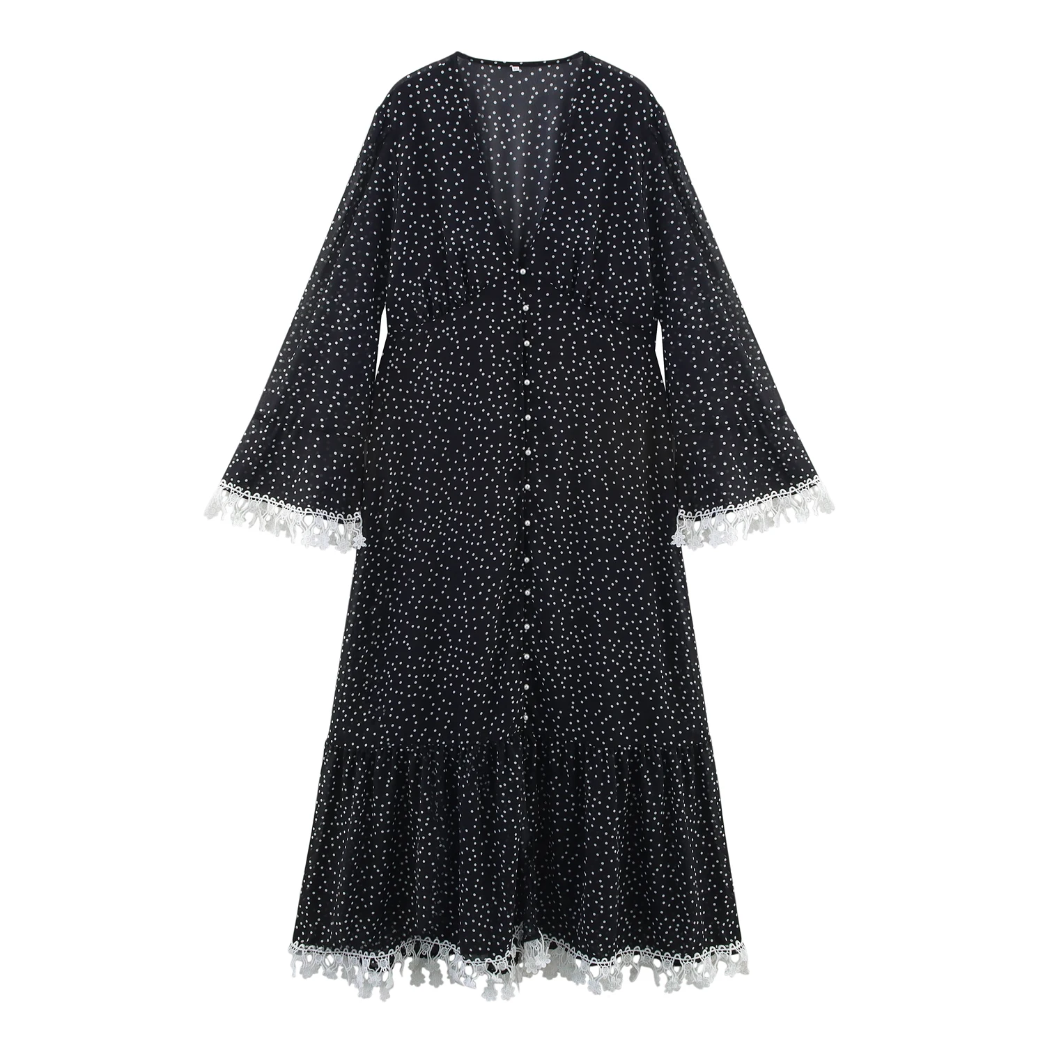 エレガントな水玉模様の花柄縁取りシングルボタンワンピース 秋の新作プラスサイズ婦人服 ストレートチューブスカート Vネック長袖