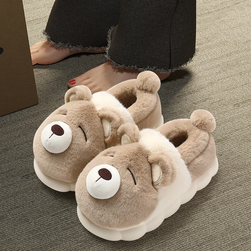 Warm Winter Women Men Plush Thick Platform Cartoon 3D Bear Fur Cotton Slippers Outdoor Home Slip On Girls Ladies Shoes