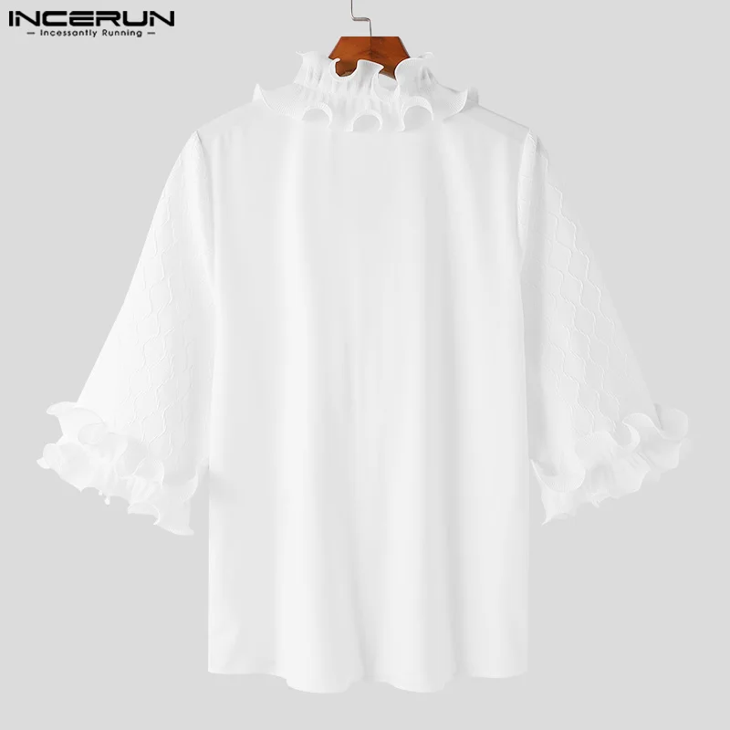 INCERUN Tops 2024 Handsome New Men\'s Ruffled Edge Patchwork Texture Shirts Male Leisure Streetwear Solid 3/4 Sleeve Blouse S-5XL