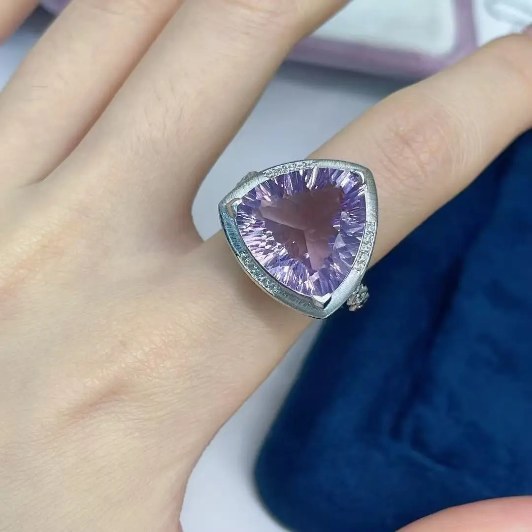 S925 Silver Platinum‑Plated Natural Lavender Amethyst Ring,16mm Triangle Gemstone Statement Ring Fine Jewelry Gift for Women