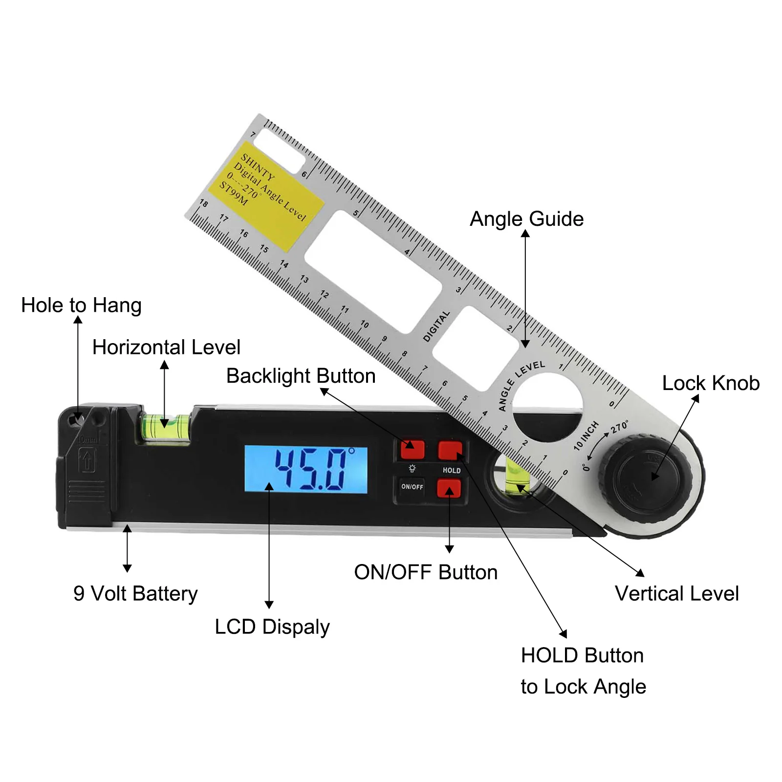 Angle Gauge Finder with Integrated Level Bubbles and LCD Display for Home Remodeling and Construction Projects