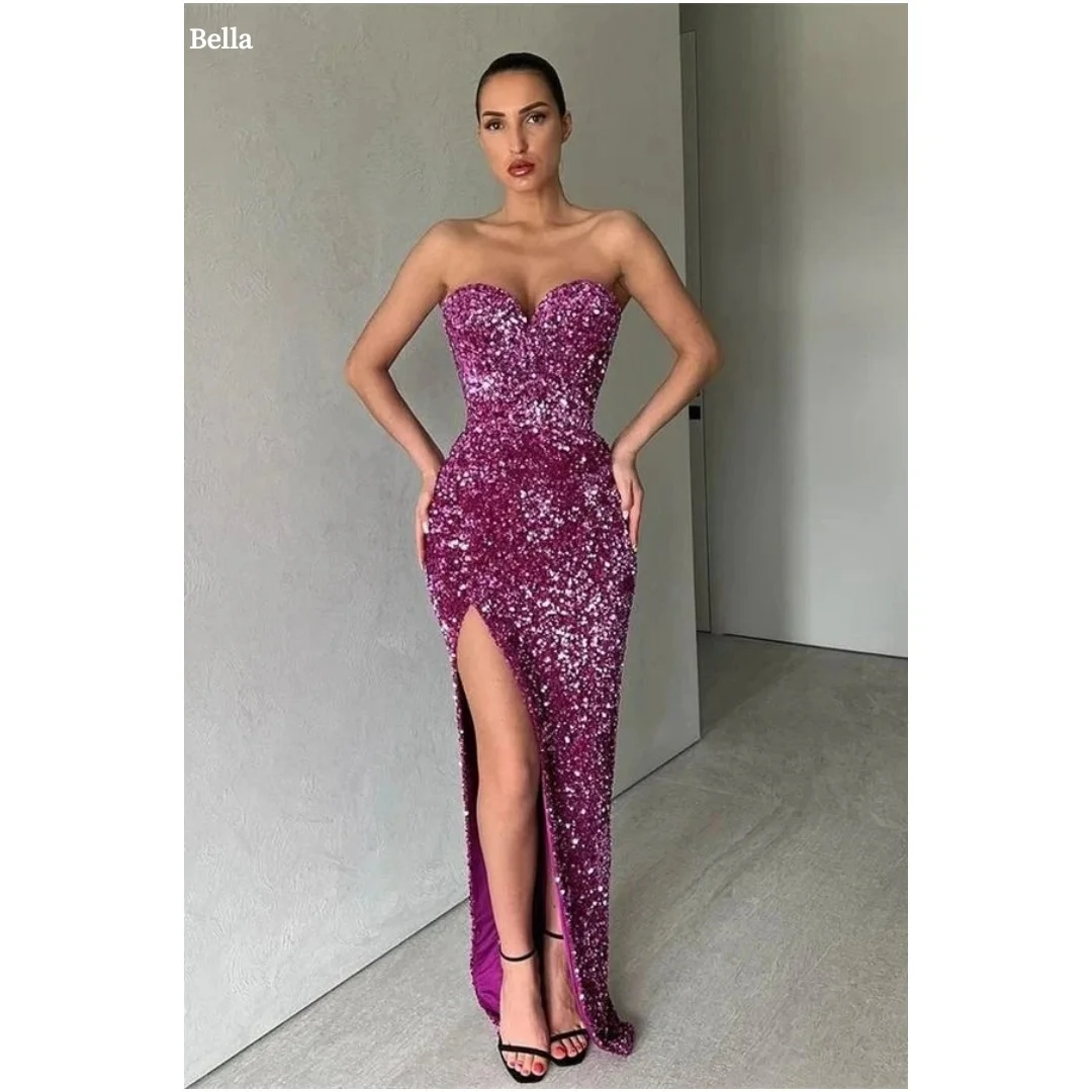 

Bella Customized Red Sequins Side Slit robes de soirée Strapless Backless Sleeveless Party Dresses Ankle-Length Prom Dress 2025