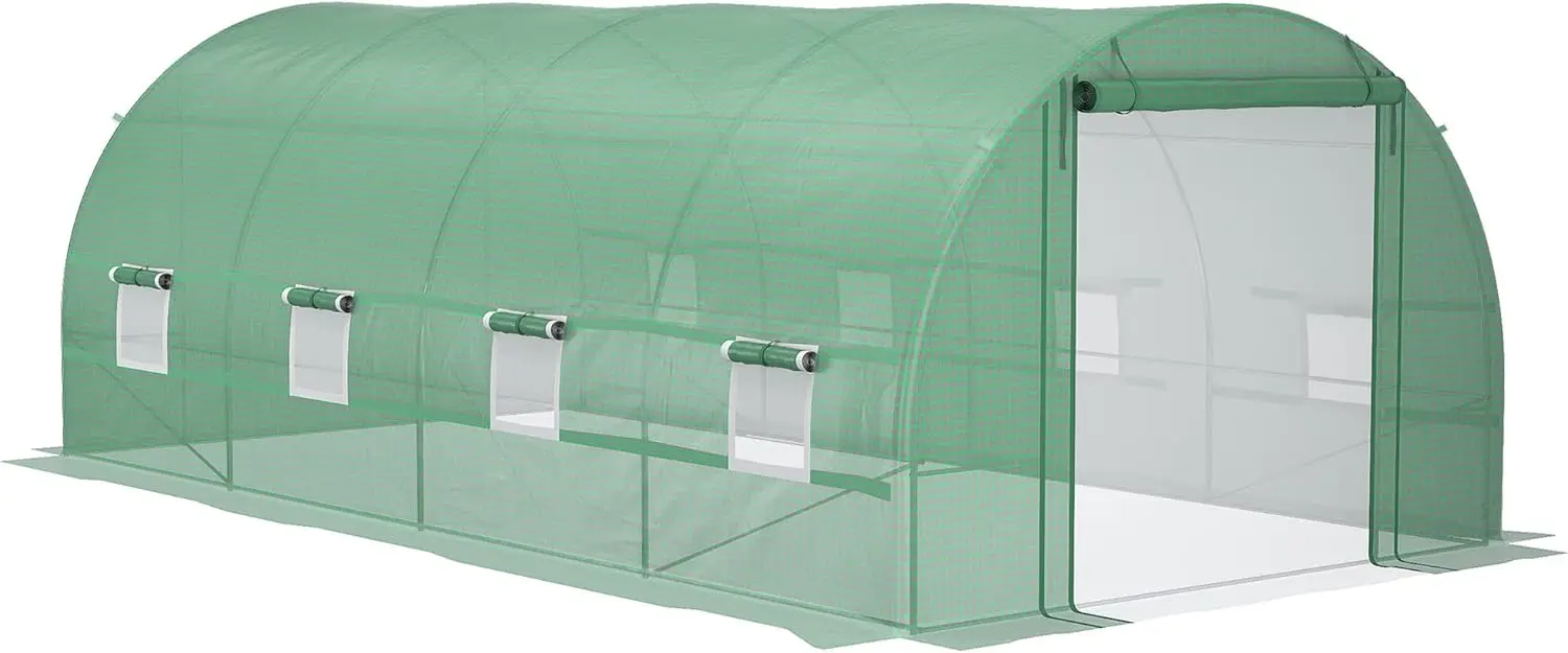 

19' x 10' x 7' Walk-in Tunnel Greenhouse with Zippered Door & 8 Mesh Windows, Large Garden Green House Kit, Green