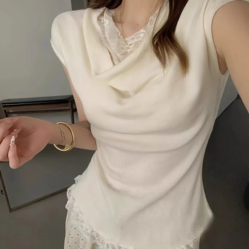 

Летняя кружевная футболка с открытыми плечами, женская новая сексуальная футболка с круглым вырезом и коротким рукавом, вязаные топы в корейском стиле, однотонная лоскутная женская футболка