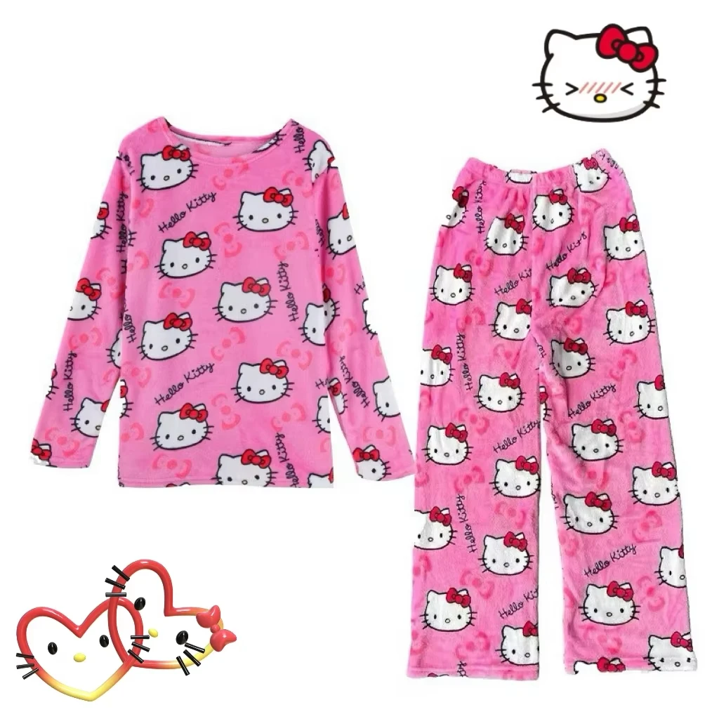 Conjunto de pijamas de Hello Kitty de invierno, pantalones de franela, traje de pijama de dibujos animados Kawaii, pantalones gruesos cálidos para mujer, ropa de casa de felpa, ropa de dormir bonita