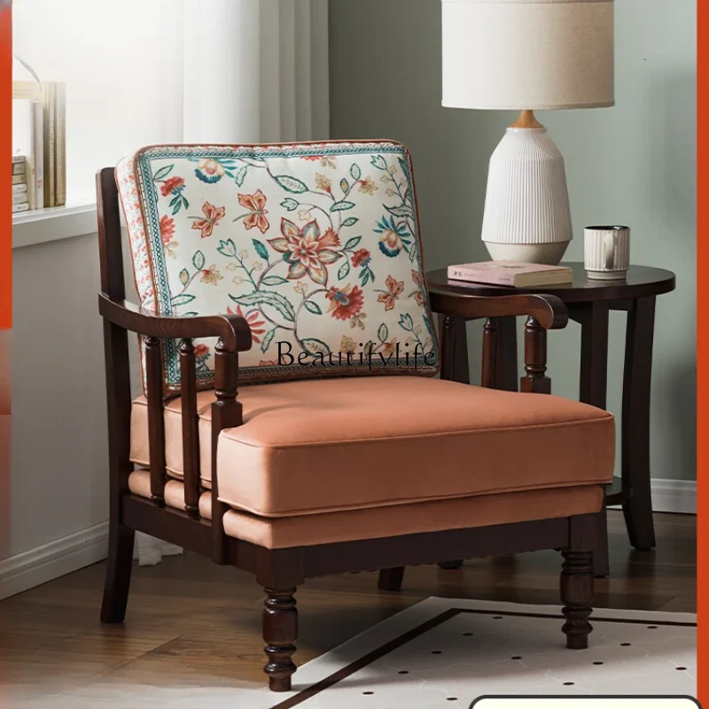 

FG40American Single Solid Wood Sofa Chair French Retro Green Wingback Chair Flannel Fabric