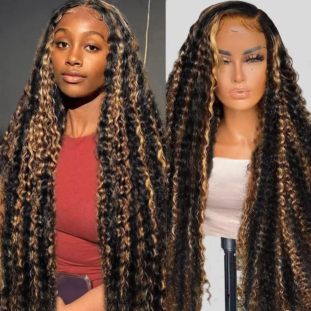 34 36 Inch 1B/30 Highlight Wigs 13x6 Deep Wave Lace Front Wig Human Hair Ombre Brown With Black Colored Curly Human Hair Wig 250%