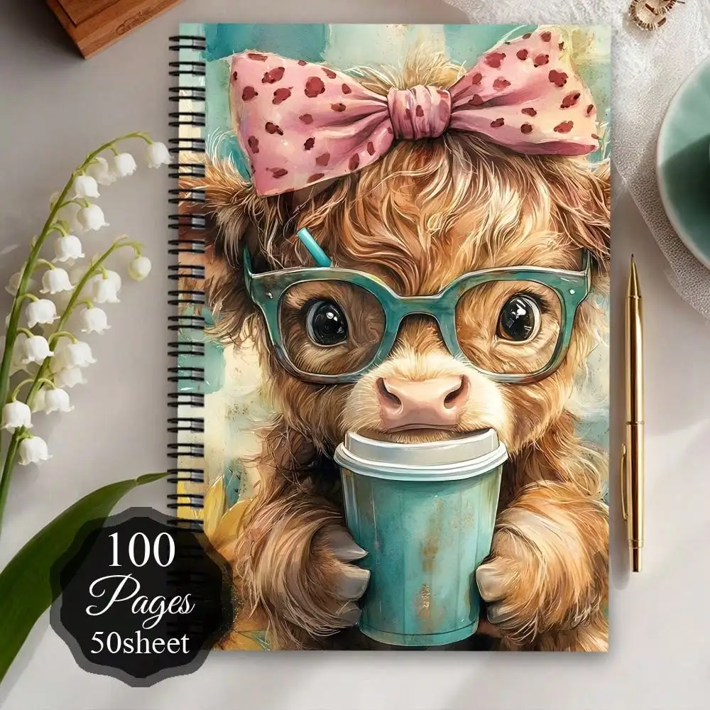 1pc A5 Size, 50 Sheets/100 Pages Cute Scottish Highland Cow Planner & Notebook - Aesthetic Highland Cow Spiral Notebook, Suitable For School, Office, Diary - Adorable Personal Planner, Women's Birthday Gift, Exclusive For Cow Lovers (Fluffy Cow Style),