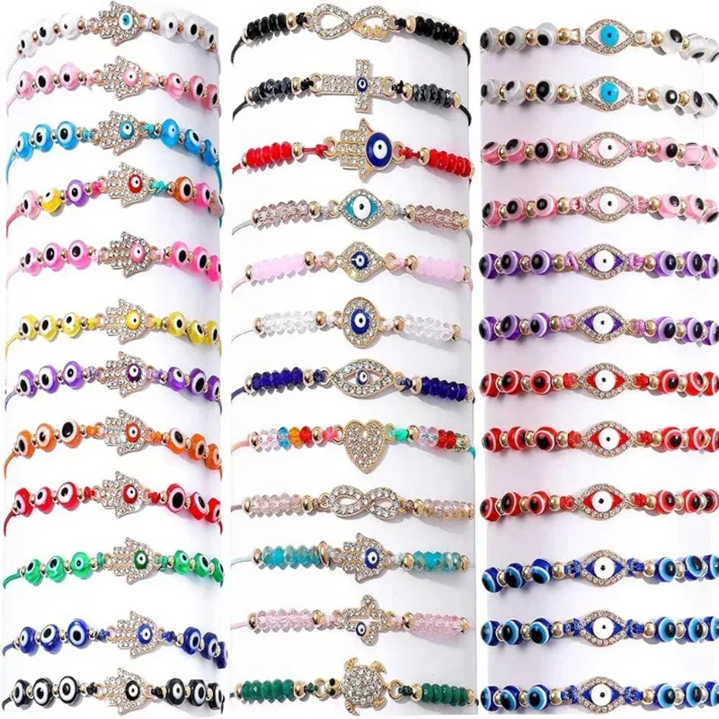 12Pcs Evil Eye Glück Armband Set Für Frauen Kristall Hand Kreuz Charme Einstellbare Seil Kette Wrap Armreif Männer Fashion Party schmuck