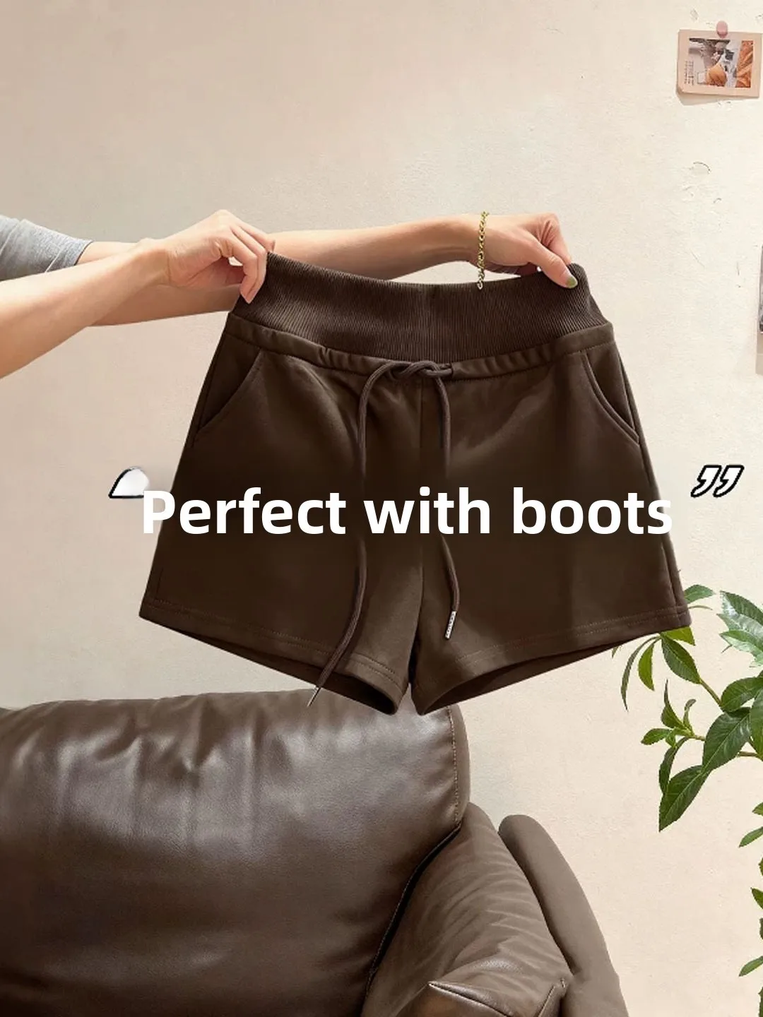 

Коричневые замшевые шорты из оленьей кожи для женщин, с высокой талией, А-силуэт, базовый слой, брюки-кюлоты, осенне-зимние повседневные прямые брюки