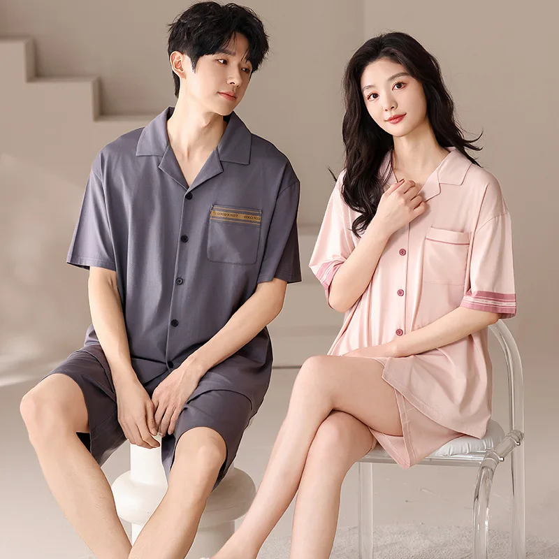 Couple's Summer pajamas for women thin modal short-sleeve top and shorts cardigan cool men's homewear set pyjama homme Mujer