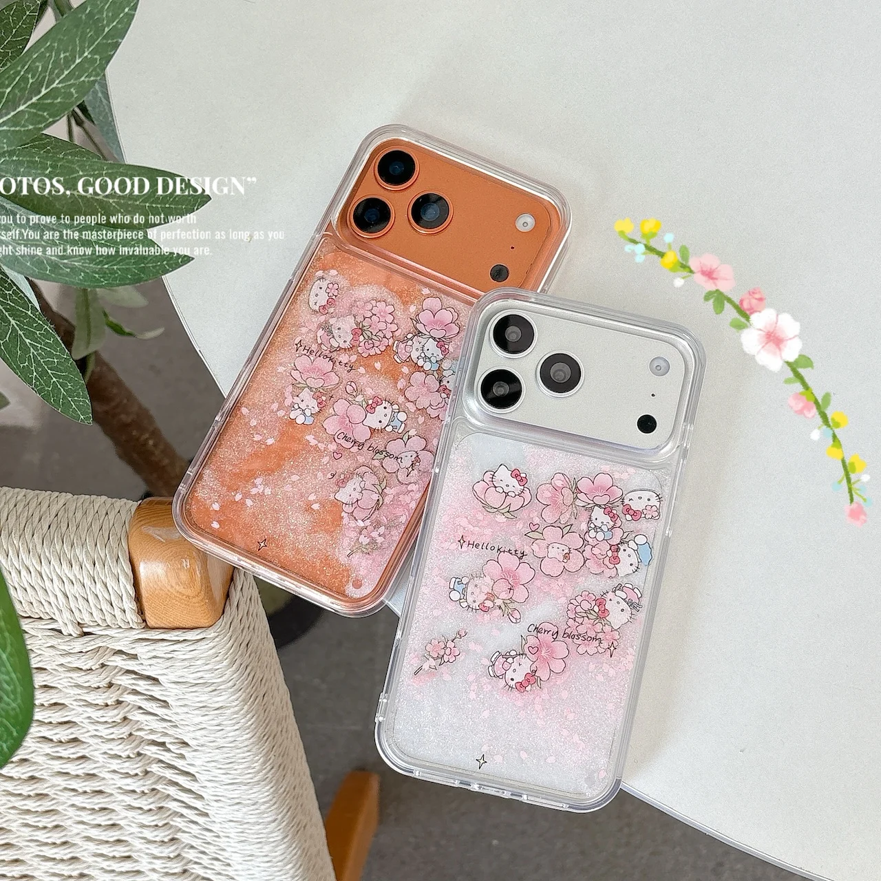 Sweet Pink Cherry Blossom For Hello Kitty Quicksand Case For iPhone 17/16/15/14/13/12/11 Pro Max Bling Anti-Drop Clear Cover view 5