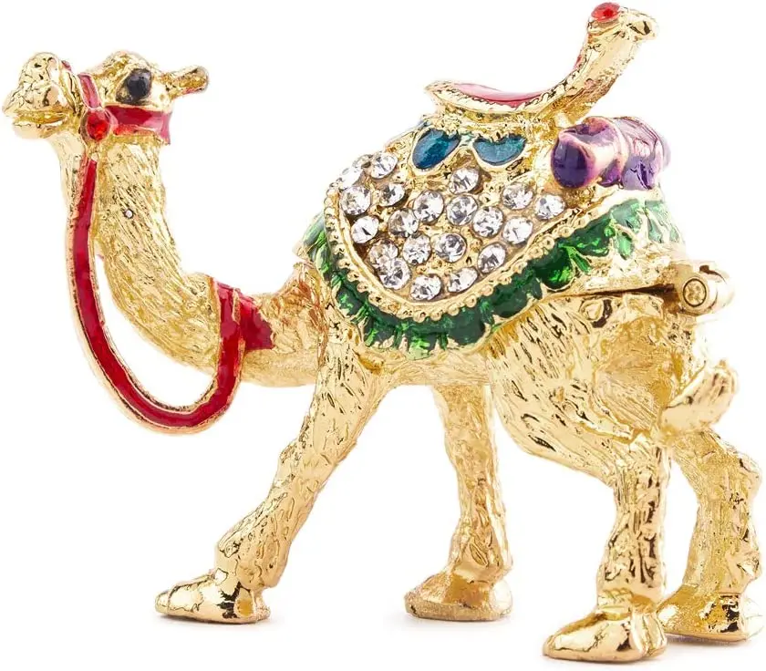 H&D  Crystal Camel Figurines Decor Ornament,Golden Enamel Camel Statues Animal Trinket Jewelry Box Hinged