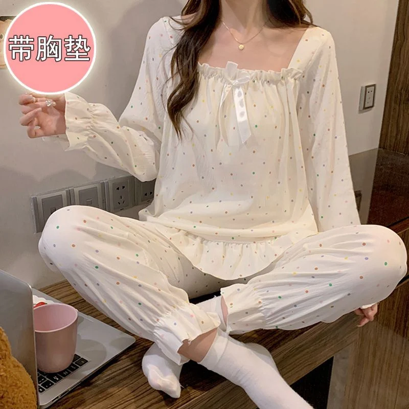 

2025 Autumn Sweet Princess Long Sleeve Print Pajama Sets for Women Cute Sleepwear Suit Pyjama Homewear Pijama Mujer Home Clothes