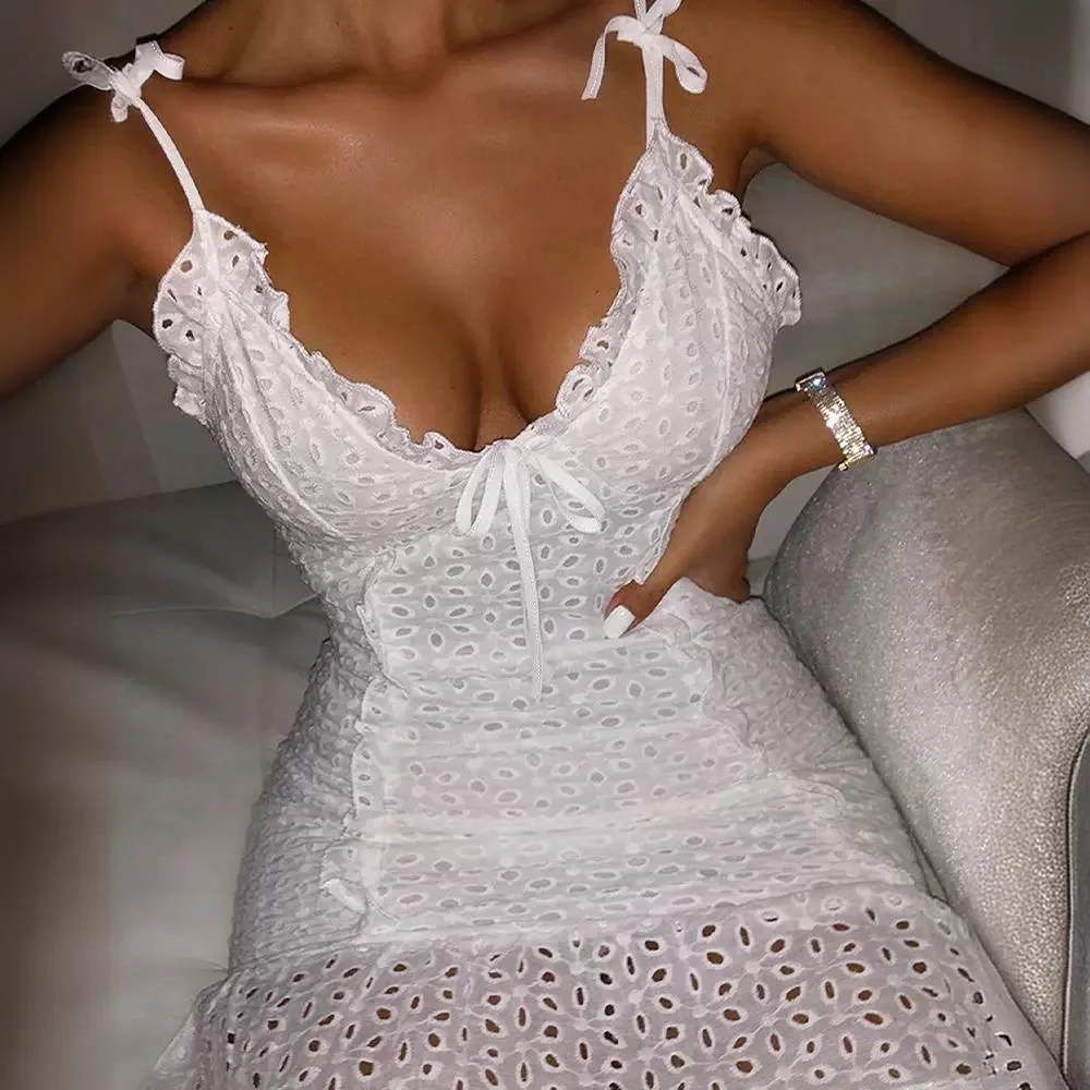 

Evening Party Dresses Woman Sexy Lace Up White Lace Camisole Skirt Fashion 2024 Summer Casual Dresses Female Clothing Outfits