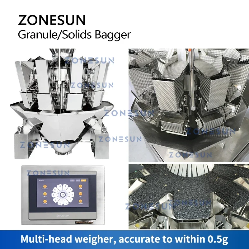 Zonesun ZS-GW10 grânulos bagger feijão sementes de gergelim detector de metais verificar pesador z alimentador sólidos linha de produção de embalagens de alimentos