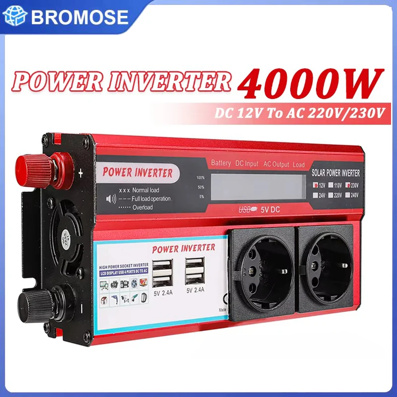 Transformateur inverseur pur 4000W 12V vers 220V/230V 50/60HZ onde sinusoïdale avec 4 prises USB EU pour la recharge et écran LED
