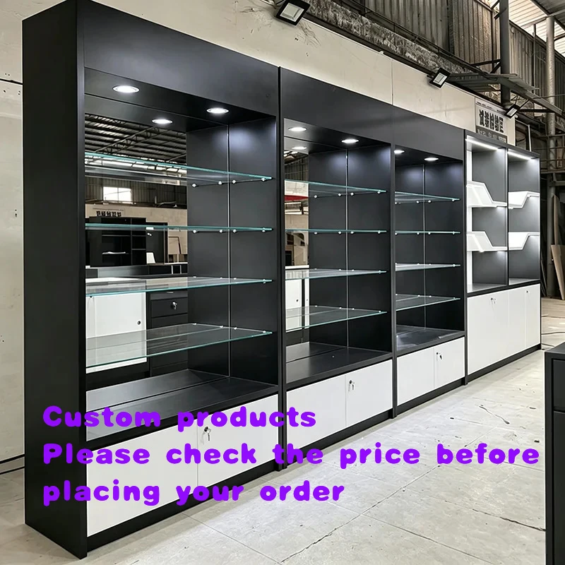 custom.Customized Floor-standing Multi-layer Glass Display Cabinet, Dustproof with Lights, Black and White Color Storage Shelf