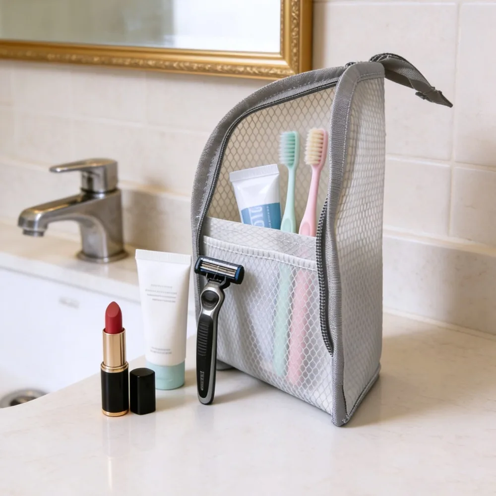 Mesh Toiletry Bag Breathable Quick Dry Stand Up Vertical Toothbrush Holder Cosmetic Makeup Organizer for Travel Gym College Dorm view 5