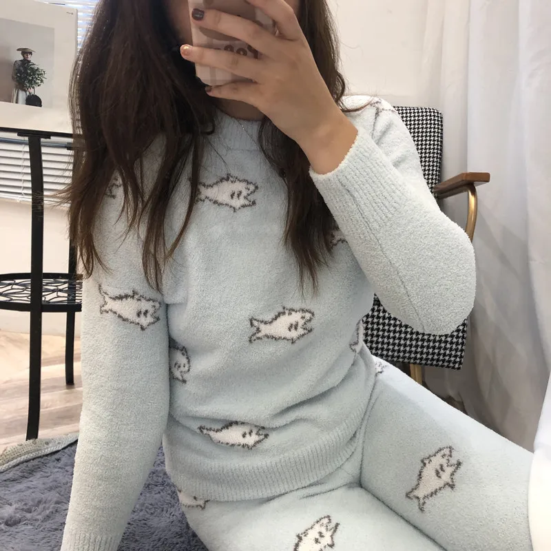 Japanese Fall Winter Soft Thicken Cute Pajama Sets O-neck Pullover Coral Velvet Pyjamas Shark Jacquard Knitted Homewear Suit