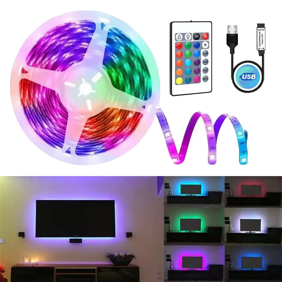 5V RGB LED strip, flexible TV backlight, USB powered, 24-key remote control, multiple colors available, suitable for gaming atmo