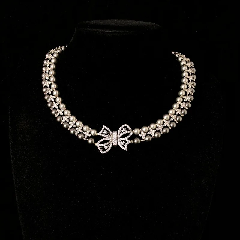 Light Luxury Elegant Double‑Layer Beaded Necklace For Women, Bow‑Knot Spring Clasp Inlaid Cubic Zirconia Delicate Fashion Party