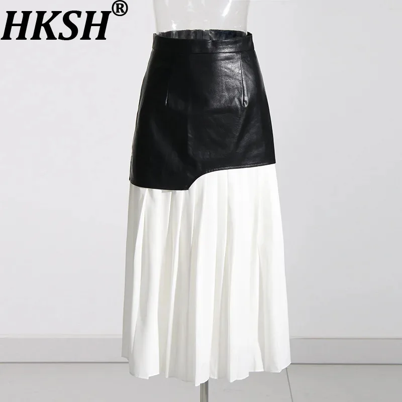 HKSH Women Skirt Tide Fashion Patchwork Leather Pleated Asymmetric Design Elegant High Street Stylish Casual Punk Skirts HK11493