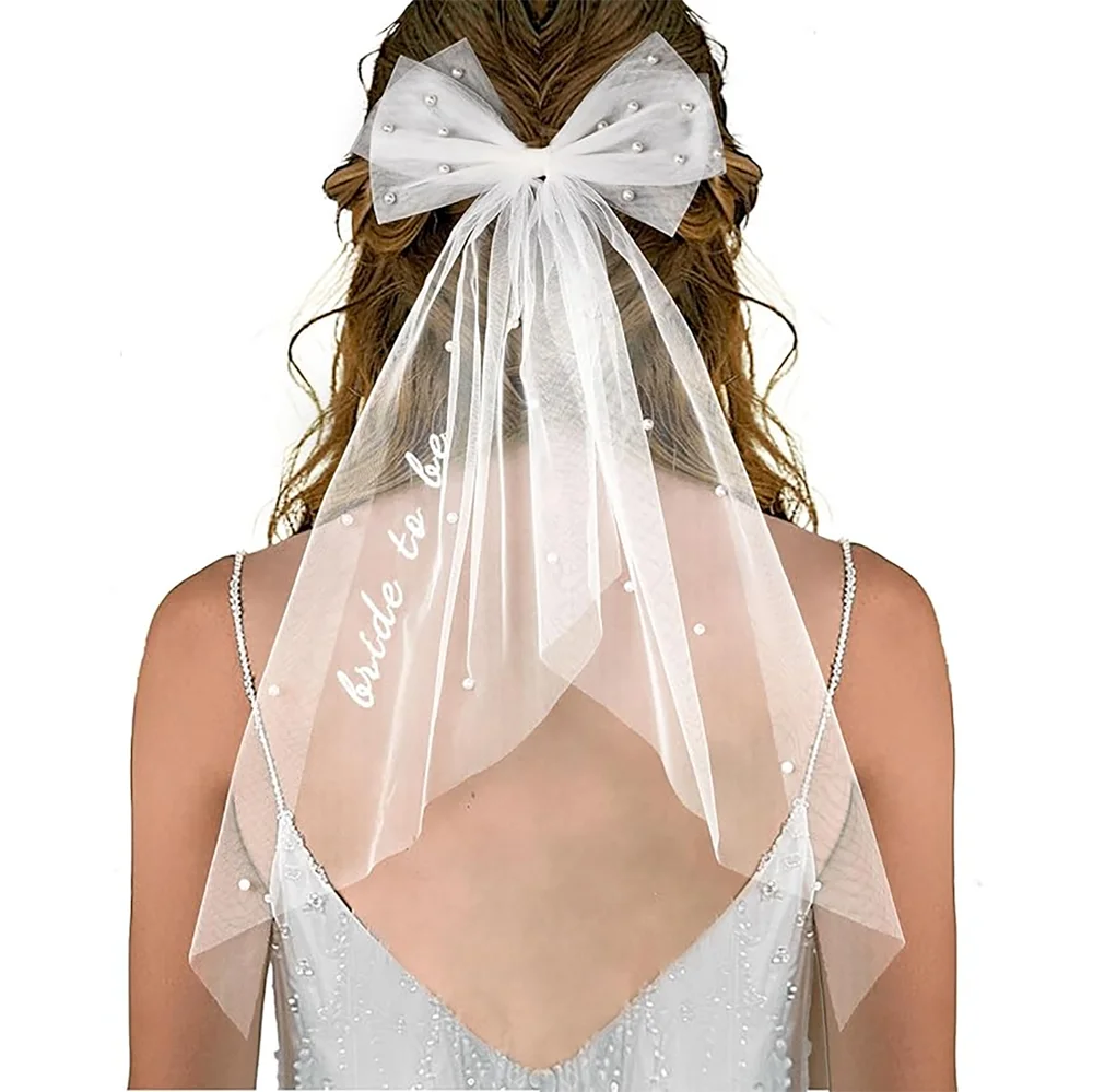 2025 Bride To Be Hair Bow Veil Bachelorette Party Bridal Shower Pearl Bow Veil Engagement Accessory Bride Gift Party Supplies