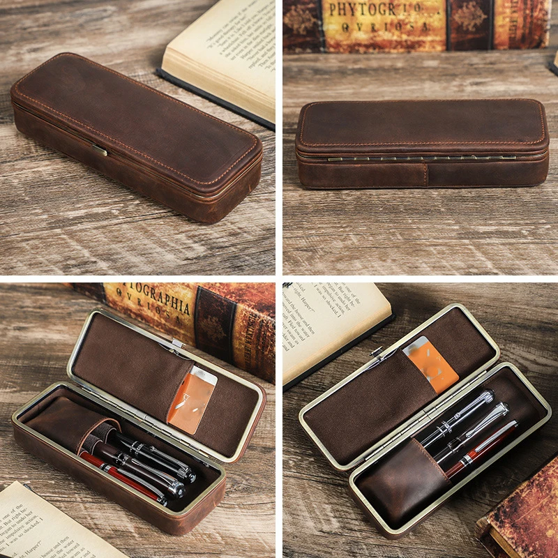 Vintage Rectangular Crazy Horse Leather Pen Case Handmade Genuine Leather Business Office Fountain Pen Storage Box Gifts