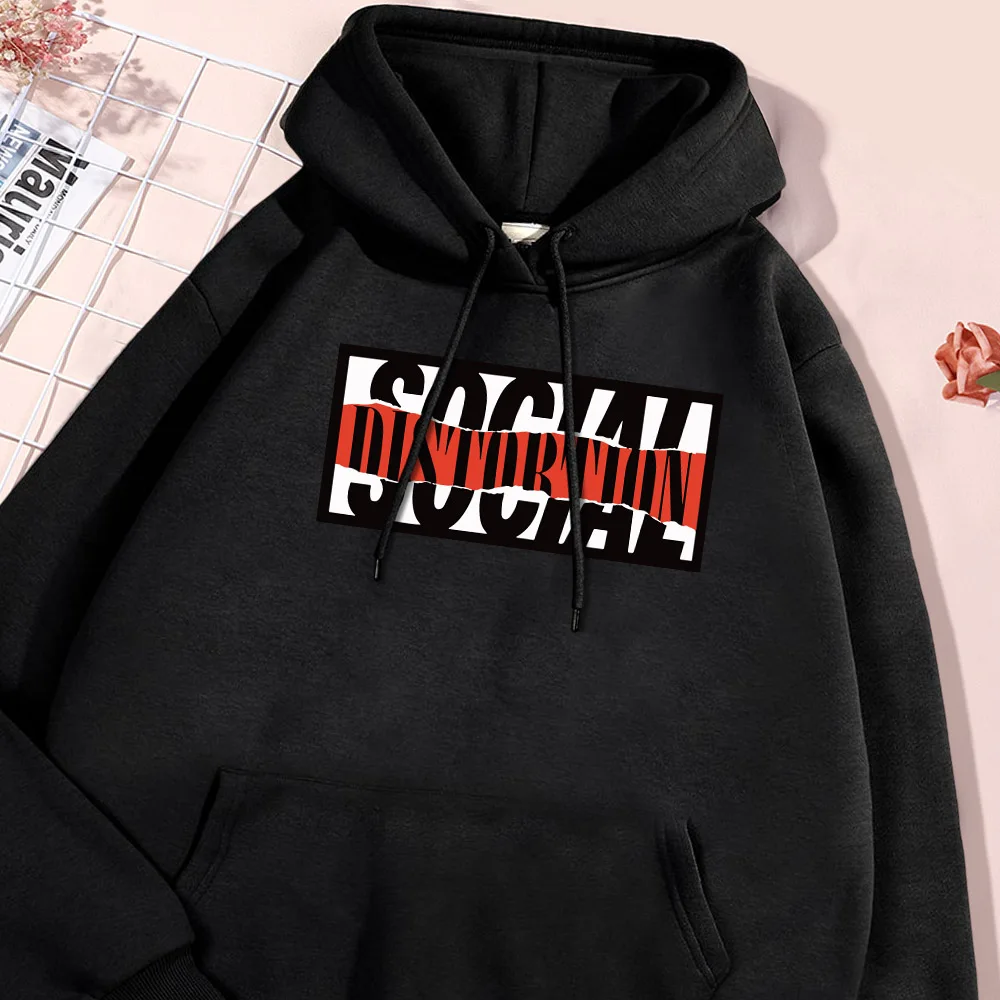 Social Distortion Letter Hoodie Men Street Fur-liner Fleece Hoodies Comfort Soft Pullover Autumn Winter Flexible Hoody Clothing