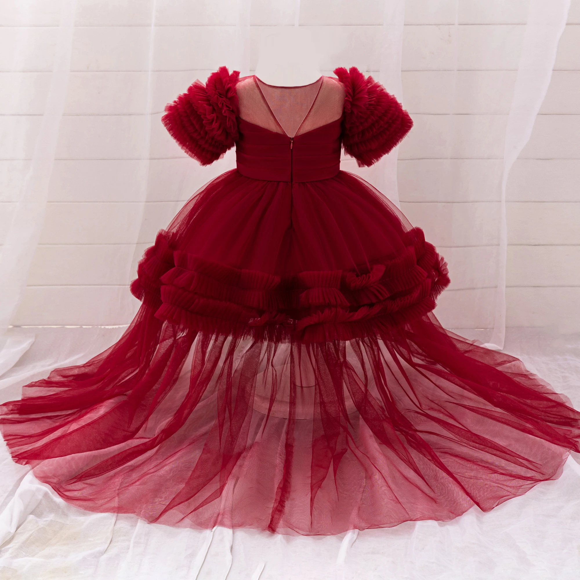 Baby Red Bridesmaid Christmas Party Girls Dress Trailing Tulle 1st Birthday Wedding Princess Prom Dresses for Girl Tutu Costumes