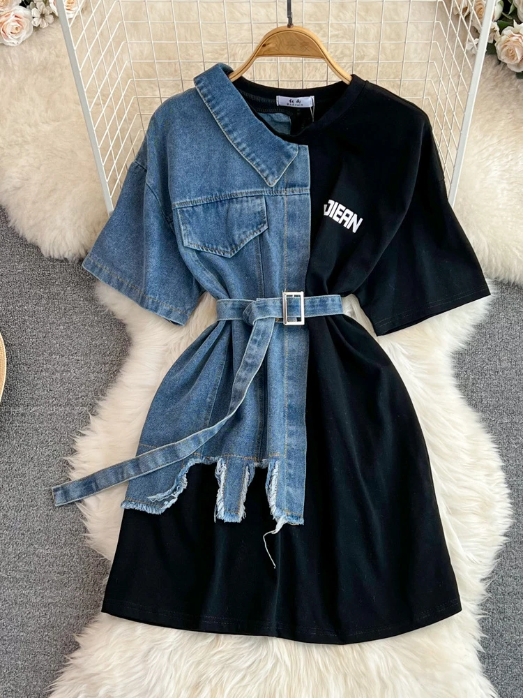 Women Casual Loose Vintage High Waist Top Belt Summer Round Neck Short Sleeved Color Block Denim Shirt New Midi T-shirts