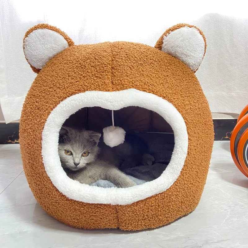 Brown Cat Bed Warm Pet House Soft Long Plush Kitten Lounger Cushion Small Dogs Tent Cave Beds For Cozy Cat House Mat Supplies