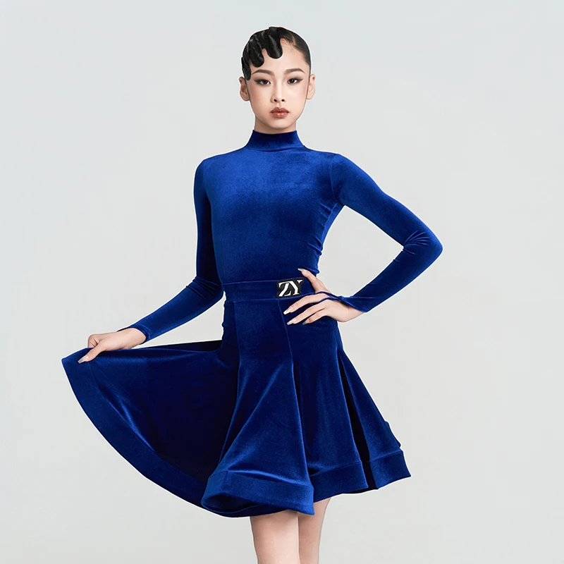 2025年新作 ガールズ競技用スプリットスーツ ラテンダンス衣装 ハイネックトップ フィッシュボーンスカート チャチャ サンバ 練習着 DQL12172