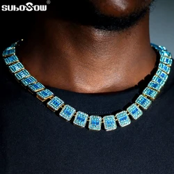 Men Shine Blue Baguette Tennis Cuban Chain Necklace Micro Pave Square Crystal Iced Out Chain Choker Necklace HipHop Jewelry Gift