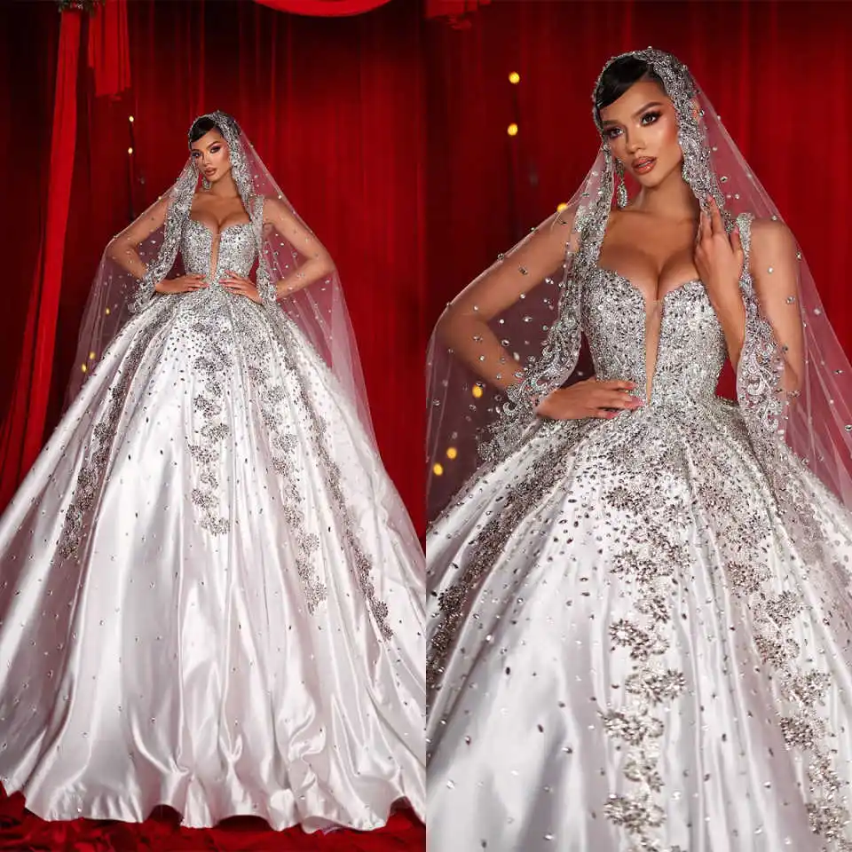 

Luxury Wedding Dress Ball Gown With Satin Appliques Beads Lace Sweep Train Princess Customized Vestido De Novia rrobes de mariée